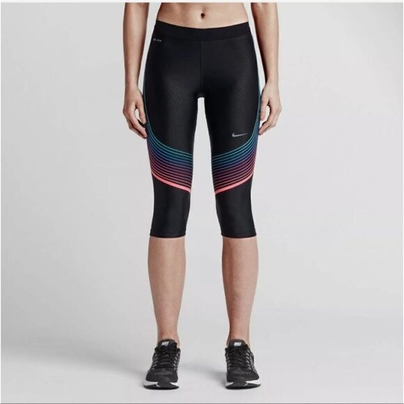 Nike Running Power Speed Cropped Rainbow Leggings Capri M - Picture 2 of 7